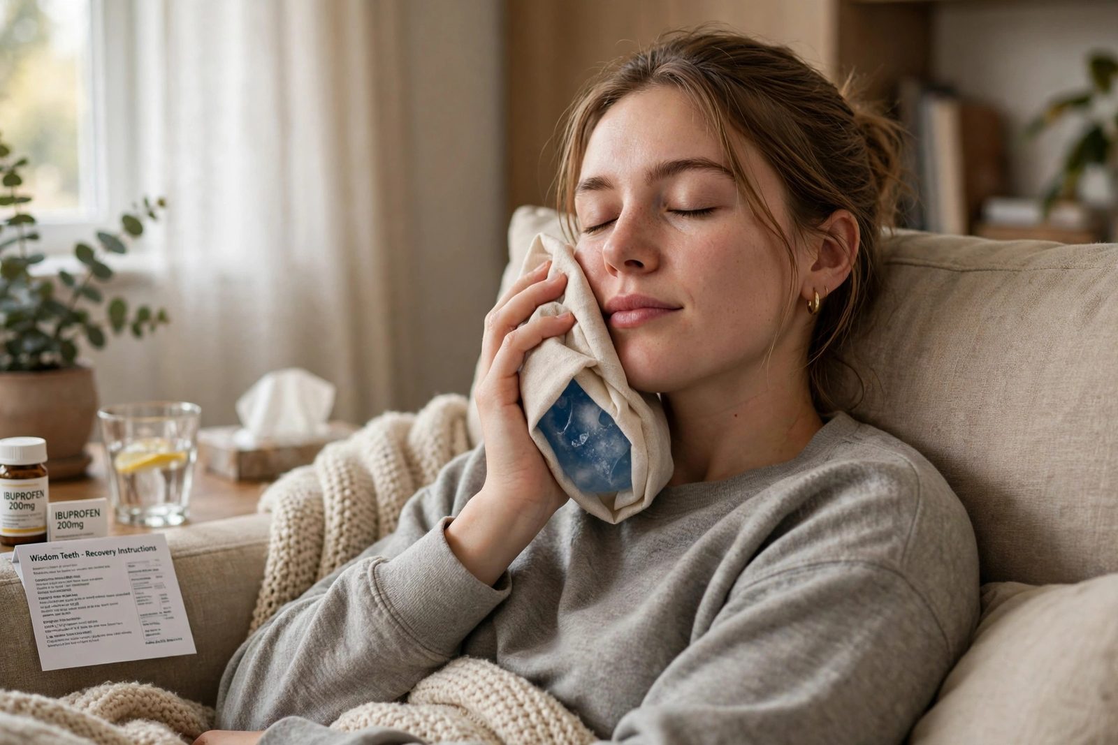 Resting at home with an ice pack during wisdom teeth recovery